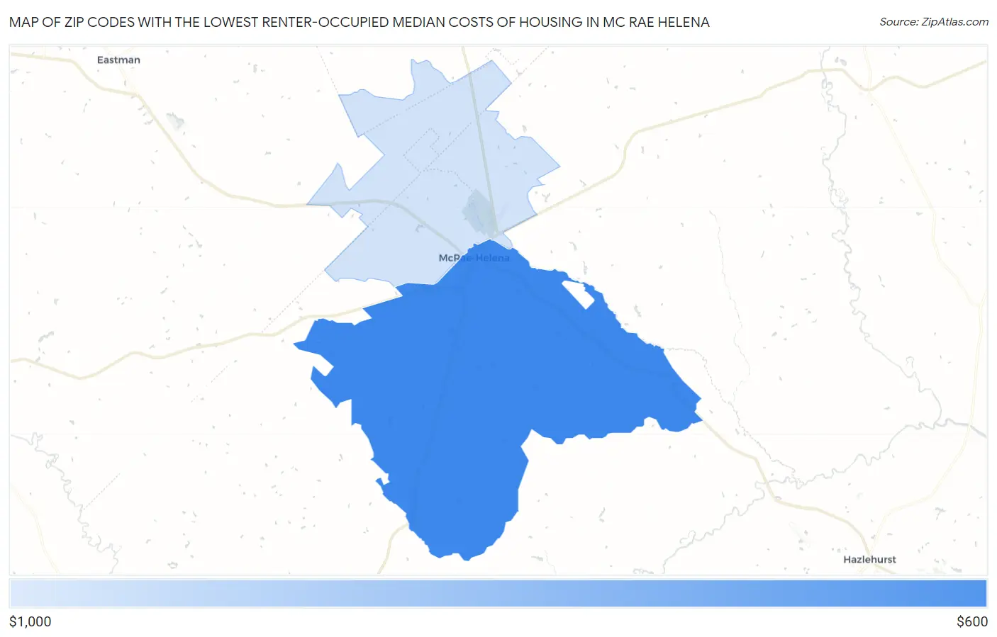 Zip Codes with the Lowest Renter-Occupied Median Costs of Housing in Mc Rae Helena Map