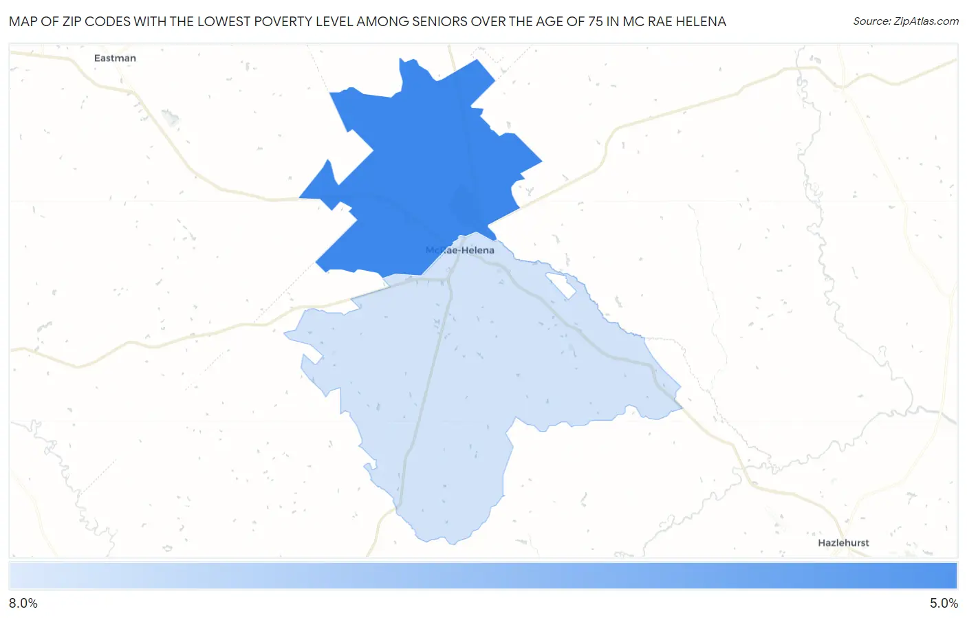 Zip Codes with the Lowest Poverty Level Among Seniors Over the Age of 75 in Mc Rae Helena Map