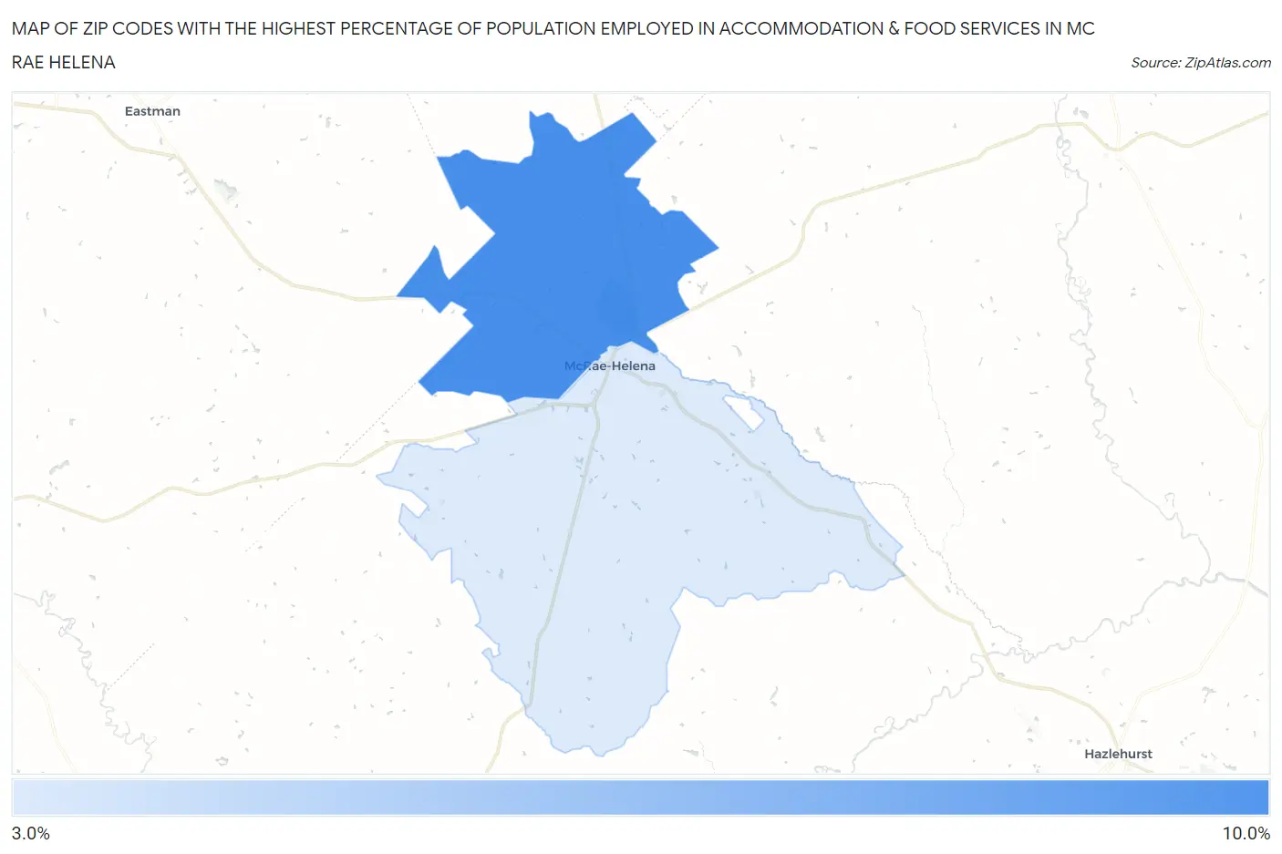Zip Codes with the Highest Percentage of Population Employed in Accommodation & Food Services in Mc Rae Helena Map