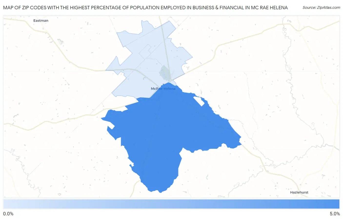 Zip Codes with the Highest Percentage of Population Employed in Business & Financial in Mc Rae Helena Map