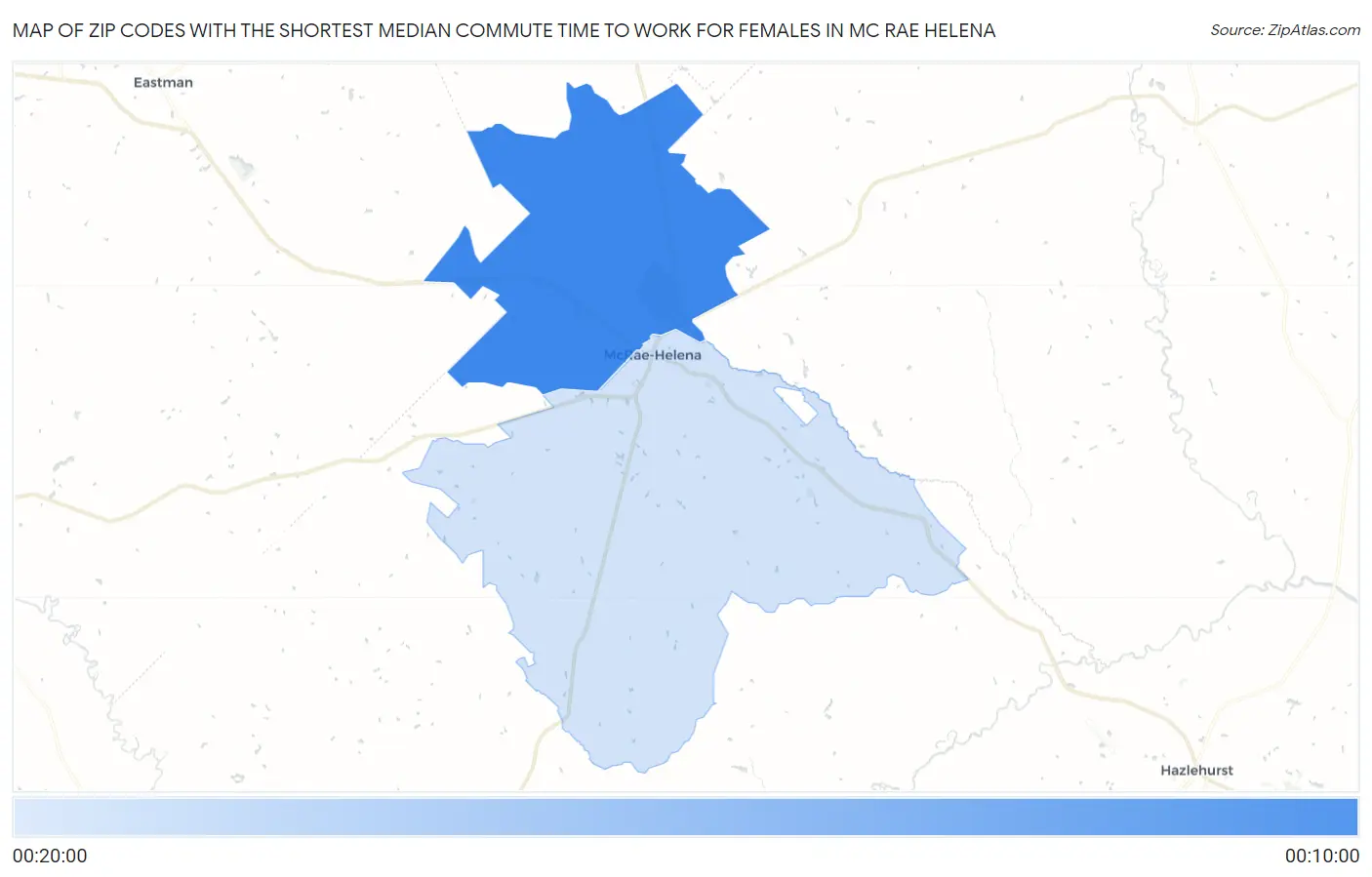 Zip Codes with the Shortest Median Commute Time to Work for Females in Mc Rae Helena Map