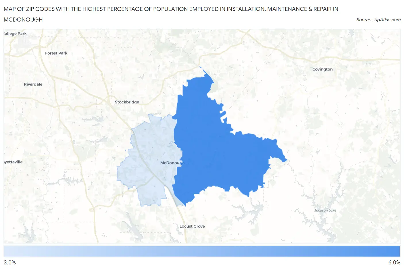 Zip Codes with the Highest Percentage of Population Employed in Installation, Maintenance & Repair in Mcdonough Map
