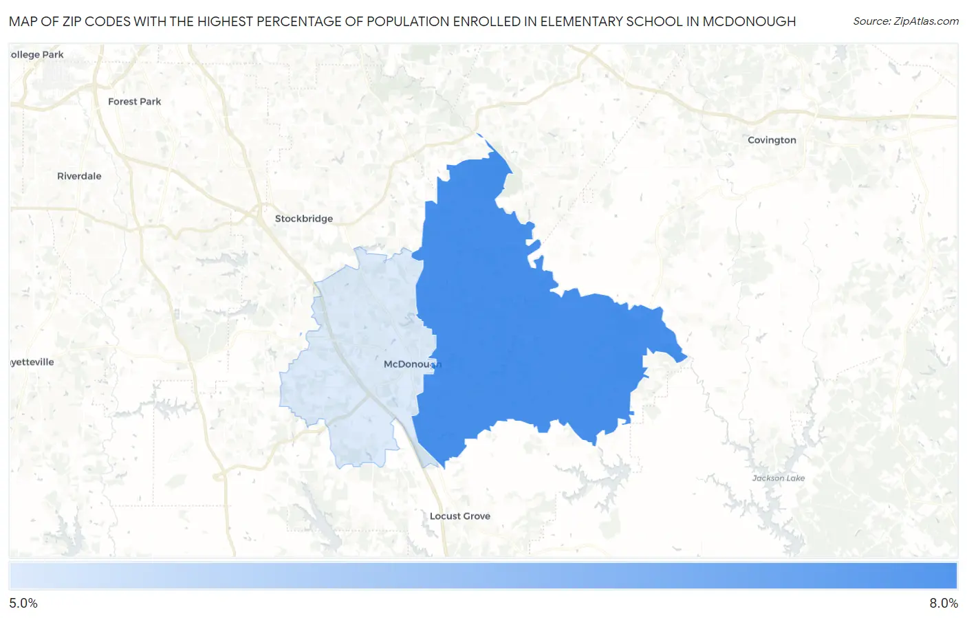 Zip Codes with the Highest Percentage of Population Enrolled in Elementary School in Mcdonough Map
