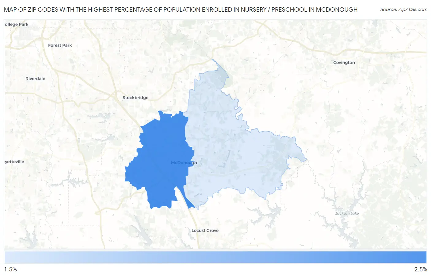 Zip Codes with the Highest Percentage of Population Enrolled in Nursery / Preschool in Mcdonough Map