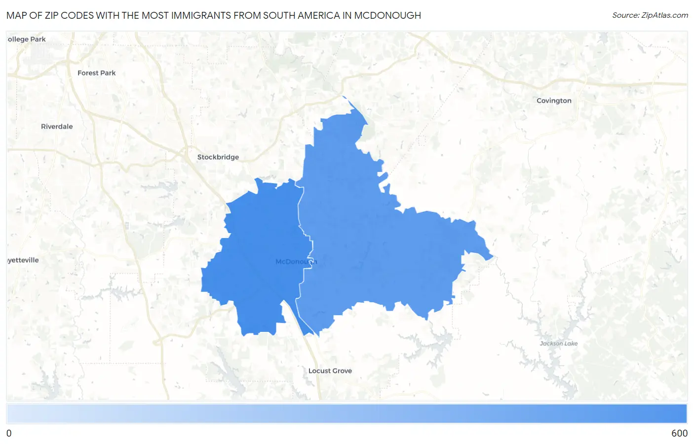 Zip Codes with the Most Immigrants from South America in Mcdonough Map