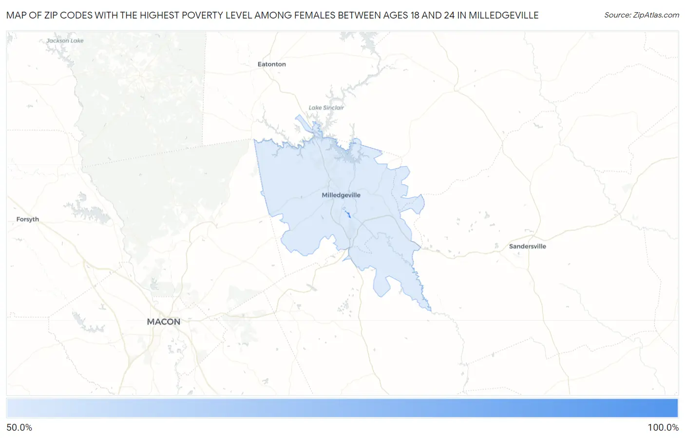 Zip Codes with the Highest Poverty Level Among Females Between Ages 18 and 24 in Milledgeville Map