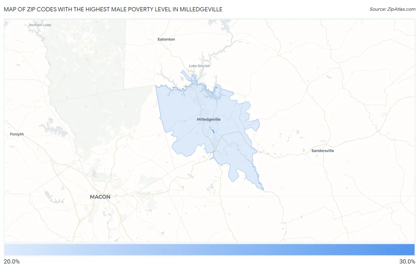 Zip Codes with the Highest Male Poverty Level in Milledgeville Map