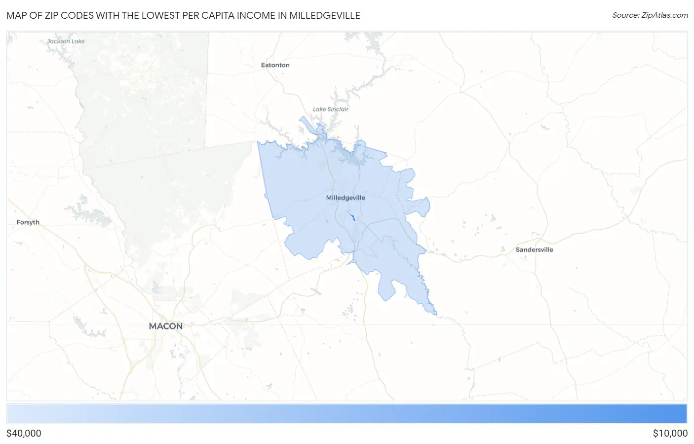 Zip Codes with the Lowest Per Capita Income in Milledgeville Map