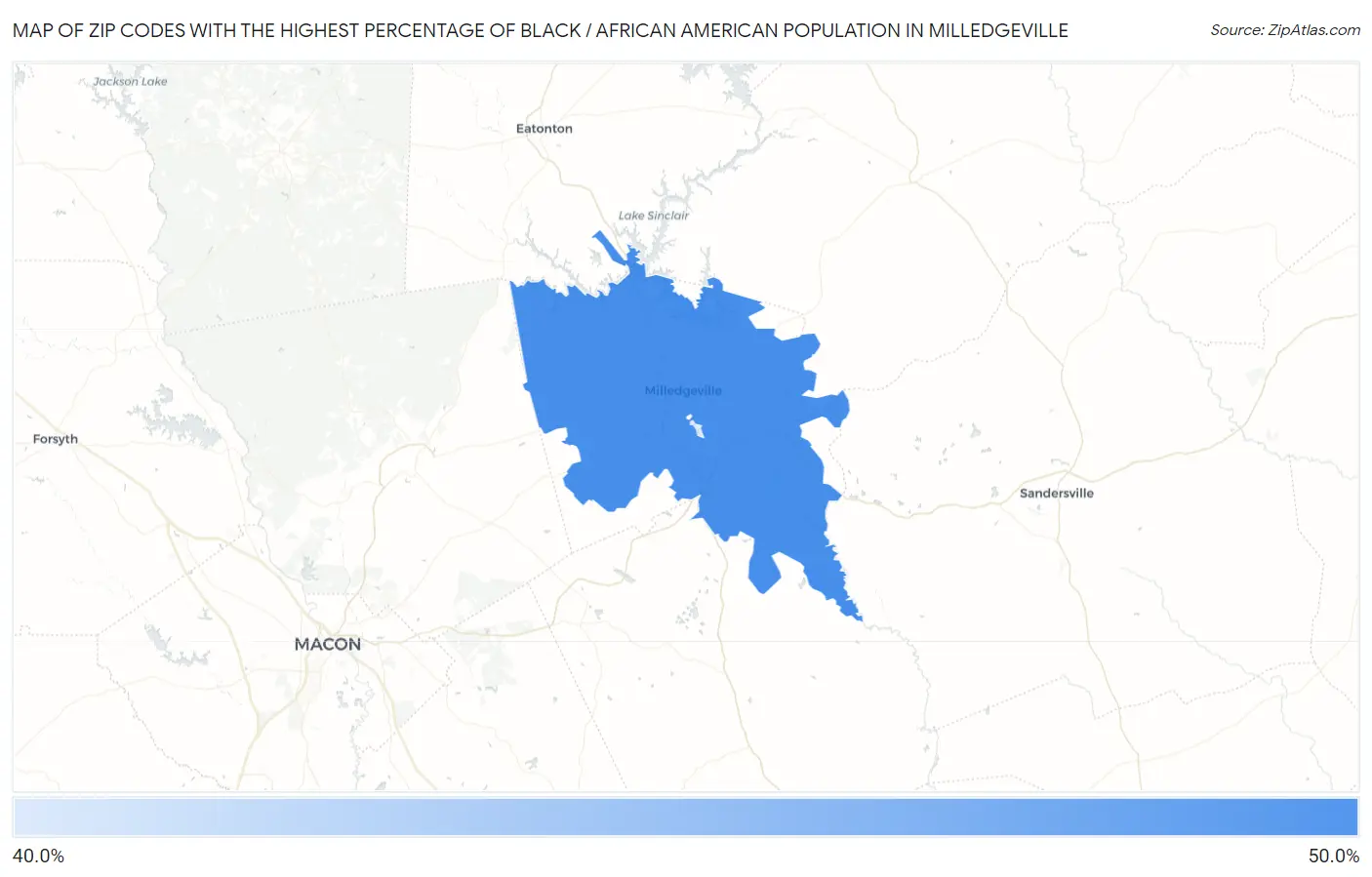 Zip Codes with the Highest Percentage of Black / African American Population in Milledgeville Map