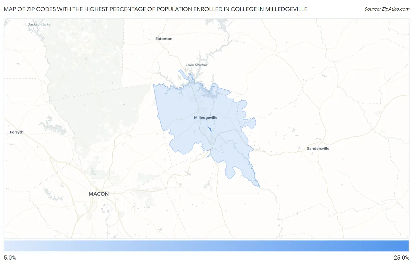 Zip Codes with the Highest Percentage of Population Enrolled in College in Milledgeville Map