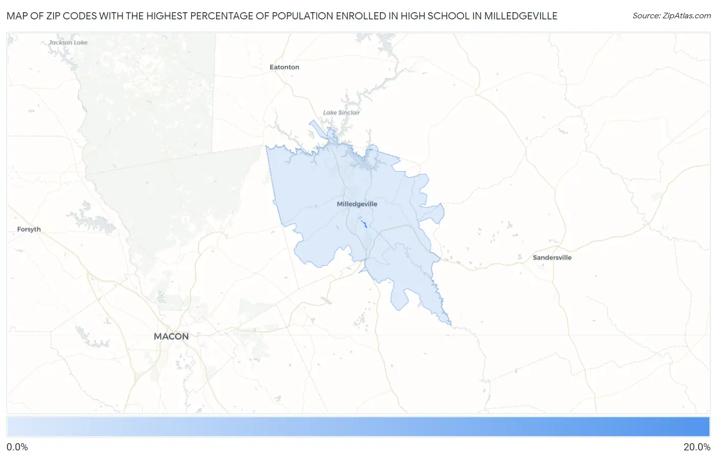 Zip Codes with the Highest Percentage of Population Enrolled in High School in Milledgeville Map
