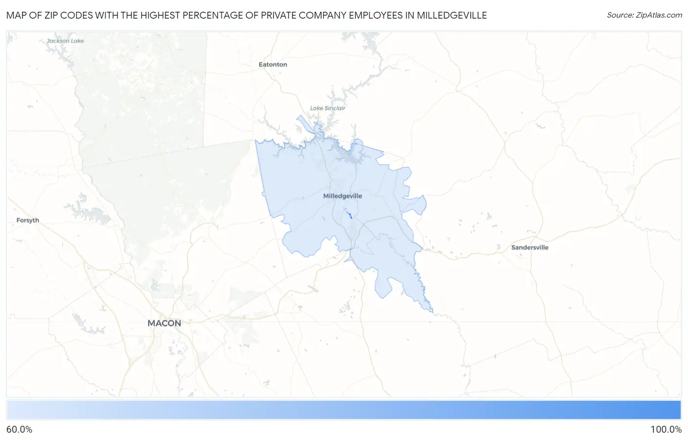 Zip Codes with the Highest Percentage of Private Company Employees in Milledgeville Map