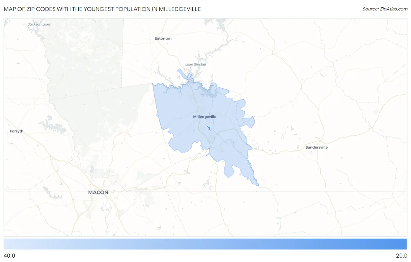 Zip Codes with the Youngest Population in Milledgeville Map