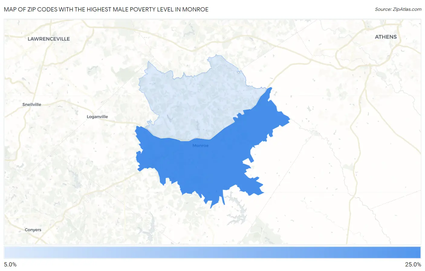 Zip Codes with the Highest Male Poverty Level in Monroe Map