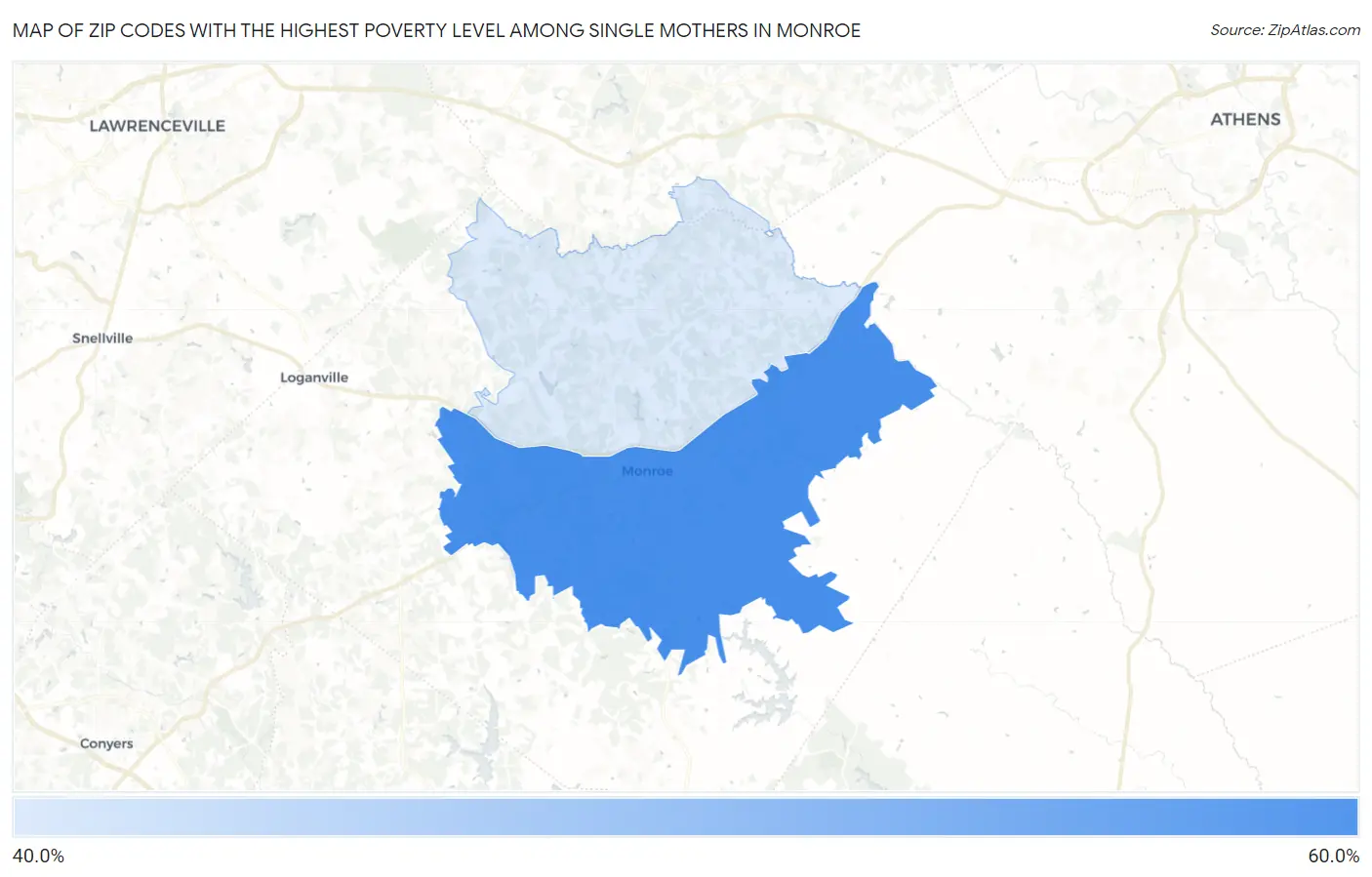 Zip Codes with the Highest Poverty Level Among Single Mothers in Monroe Map