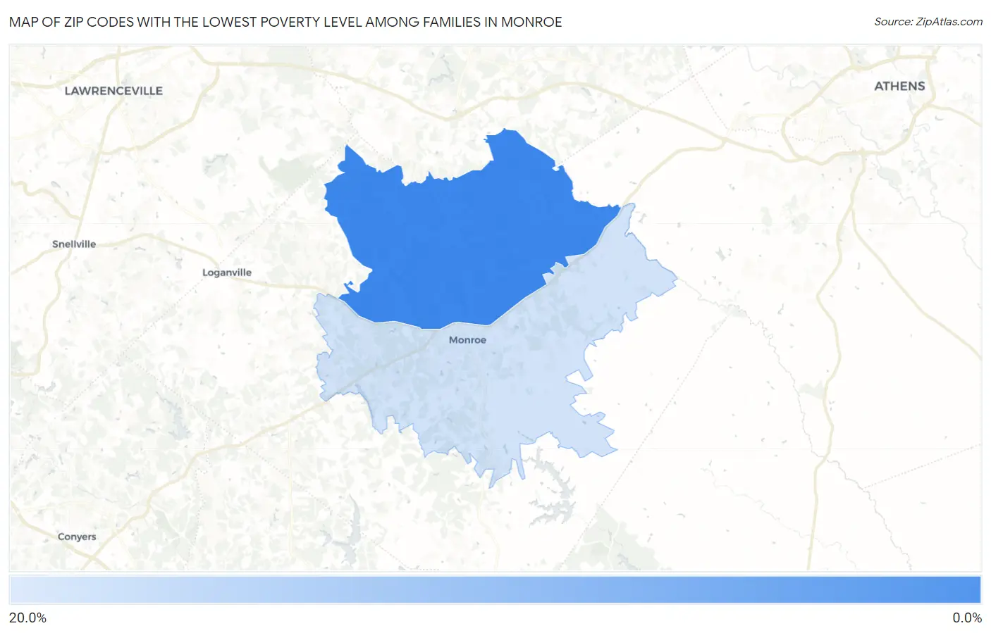 Zip Codes with the Lowest Poverty Level Among Families in Monroe Map