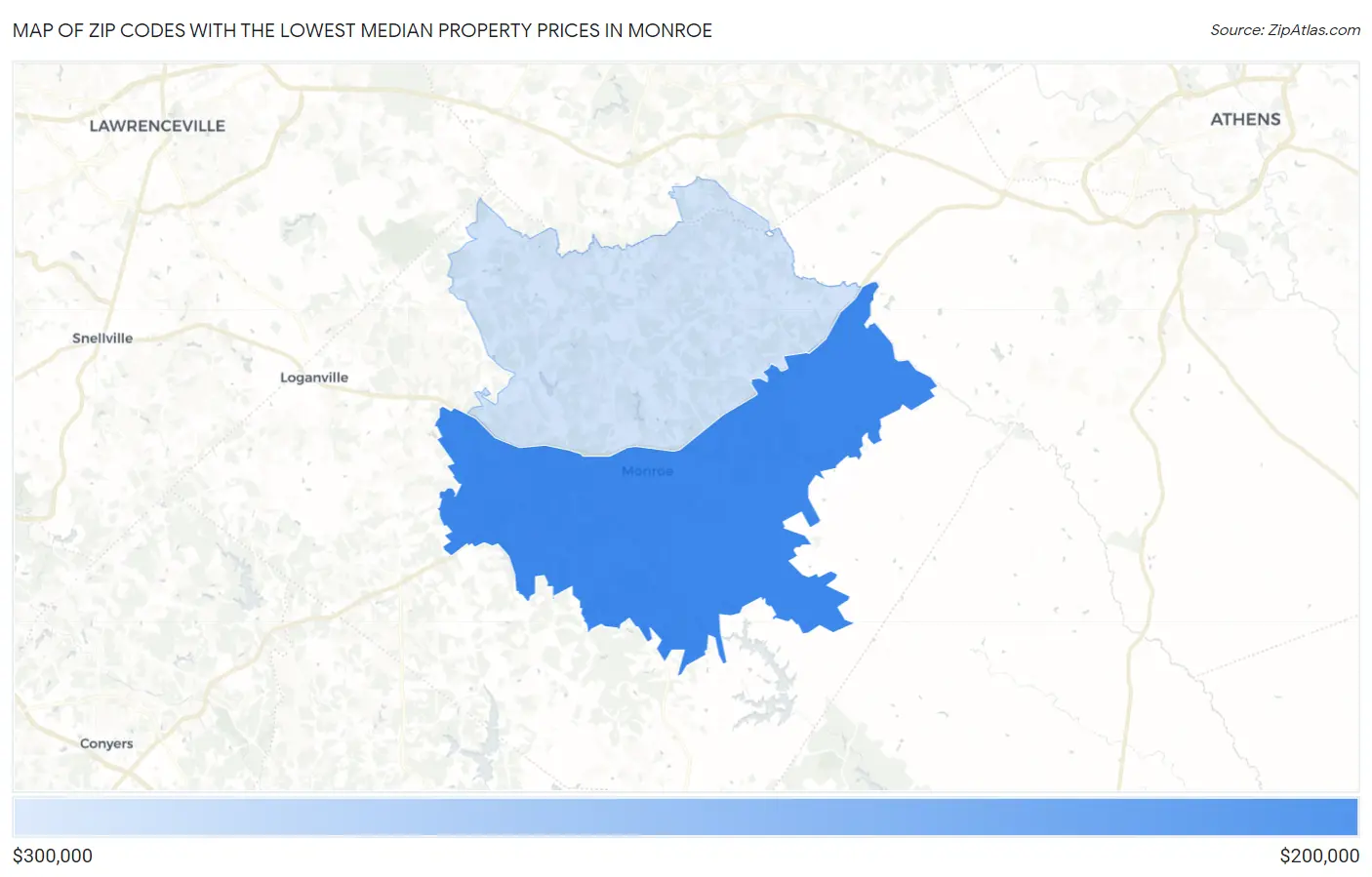 Zip Codes with the Lowest Median Property Prices in Monroe Map
