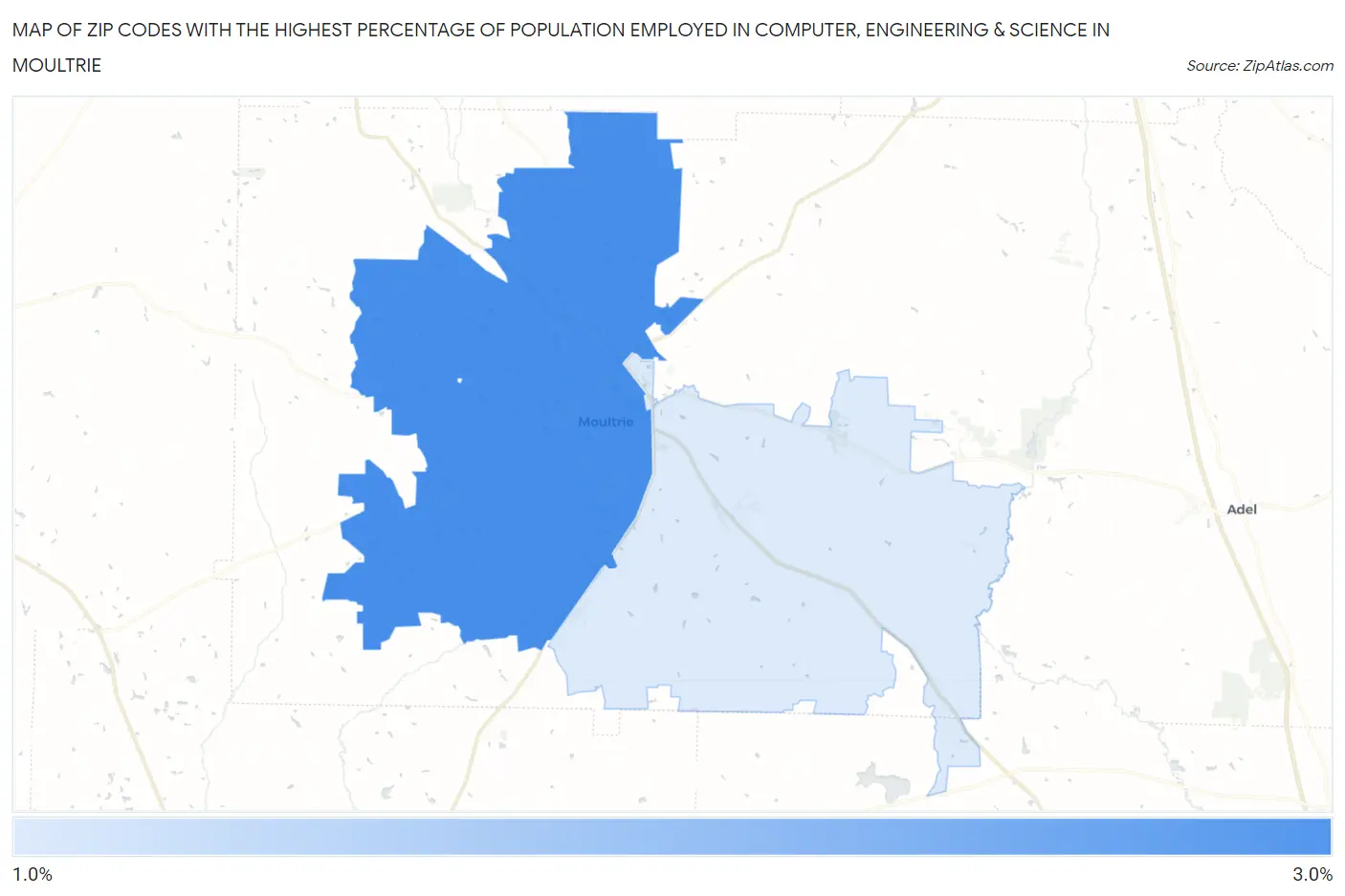 Zip Codes with the Highest Percentage of Population Employed in Computer, Engineering & Science in Moultrie Map