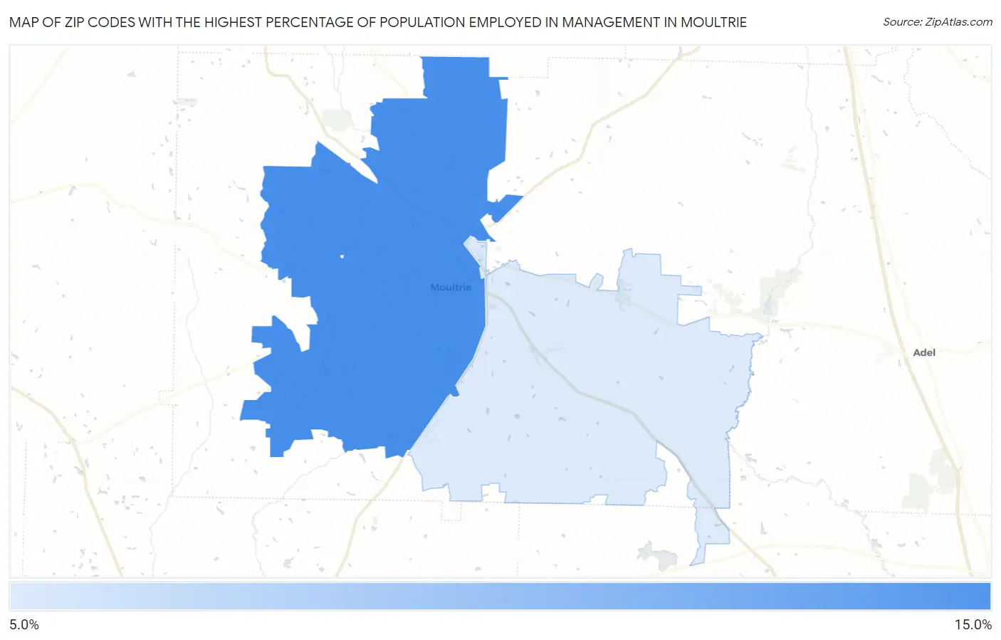 Zip Codes with the Highest Percentage of Population Employed in Management in Moultrie Map