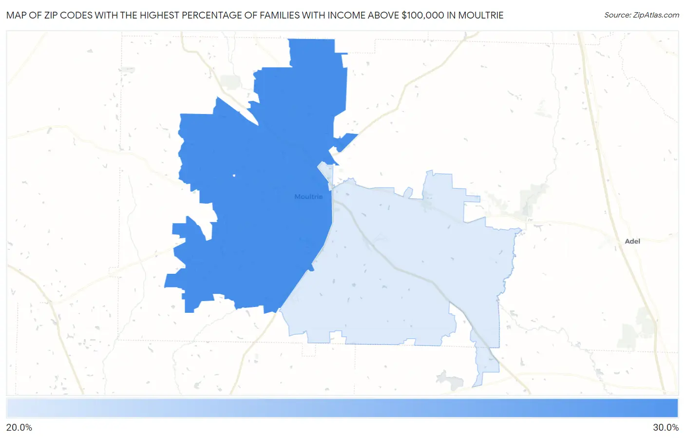 Zip Codes with the Highest Percentage of Families with Income Above $100,000 in Moultrie Map