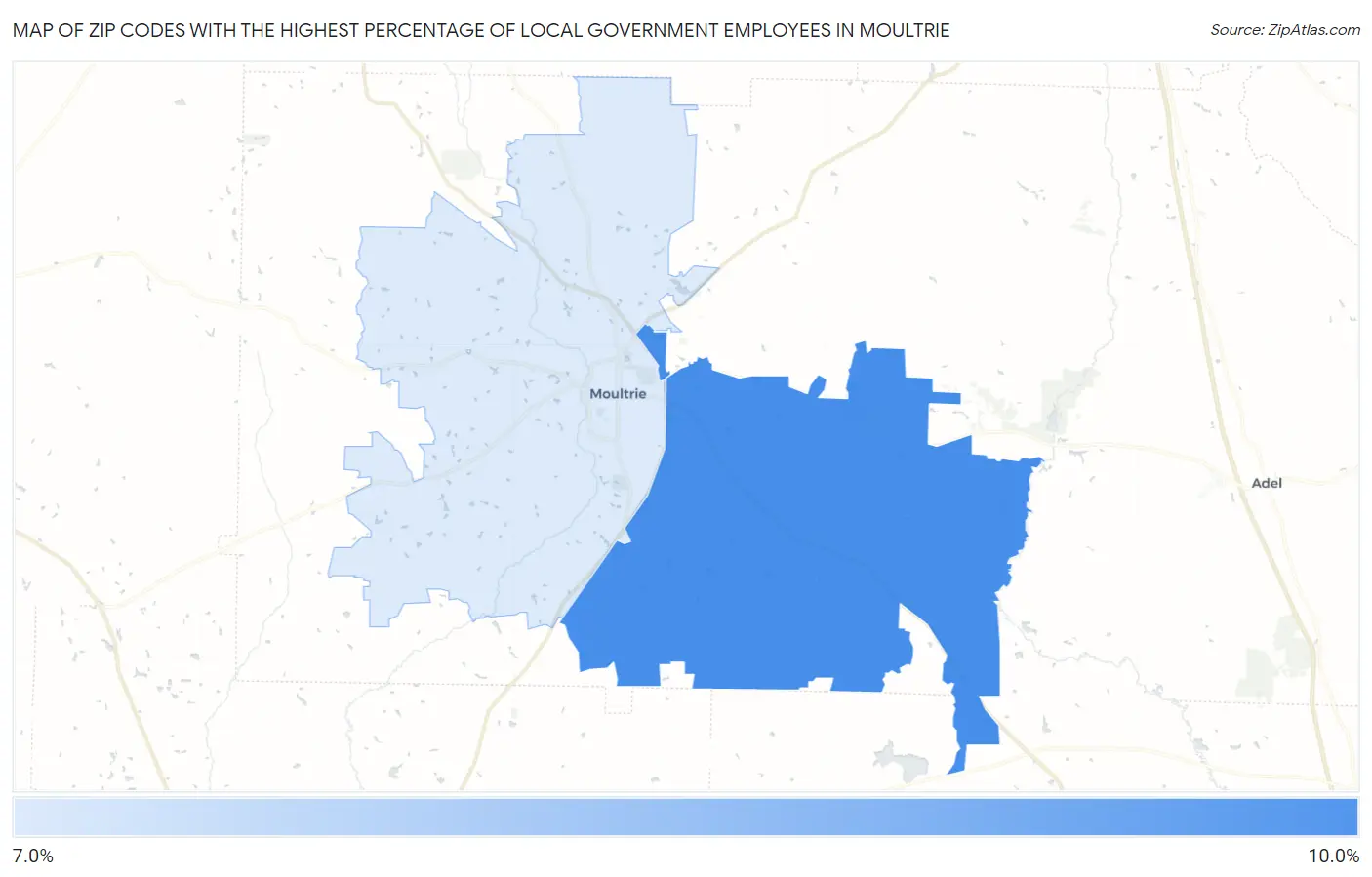Zip Codes with the Highest Percentage of Local Government Employees in Moultrie Map