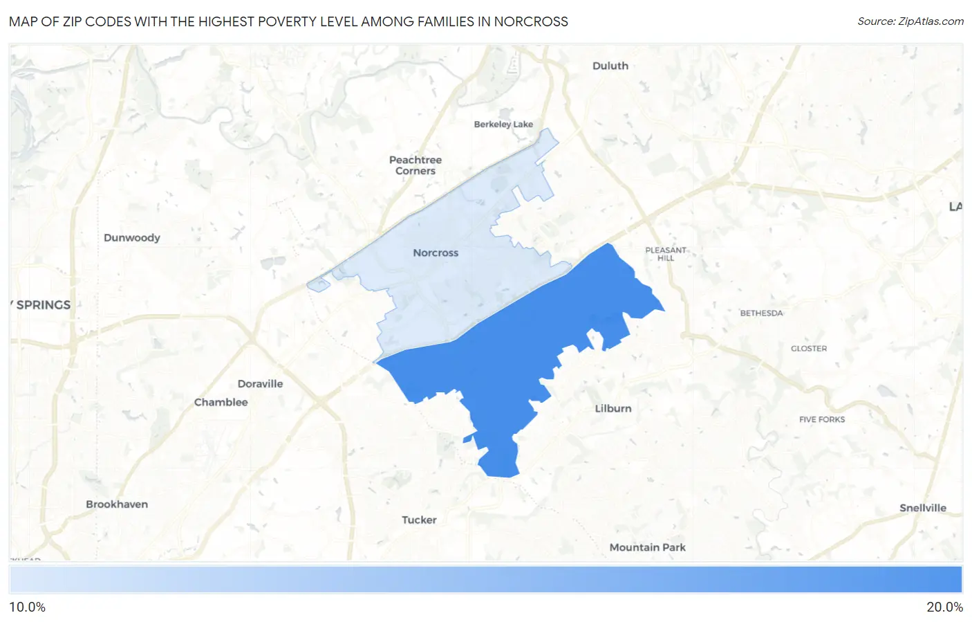 Zip Codes with the Highest Poverty Level Among Families in Norcross Map