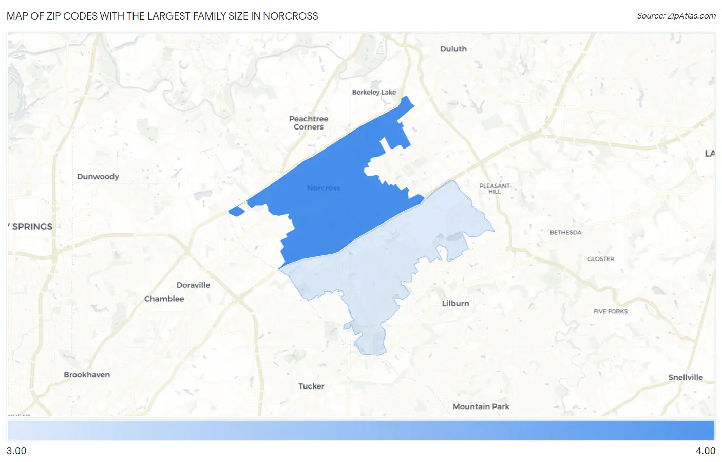 Zip Codes with the Largest Family Size in Norcross Map