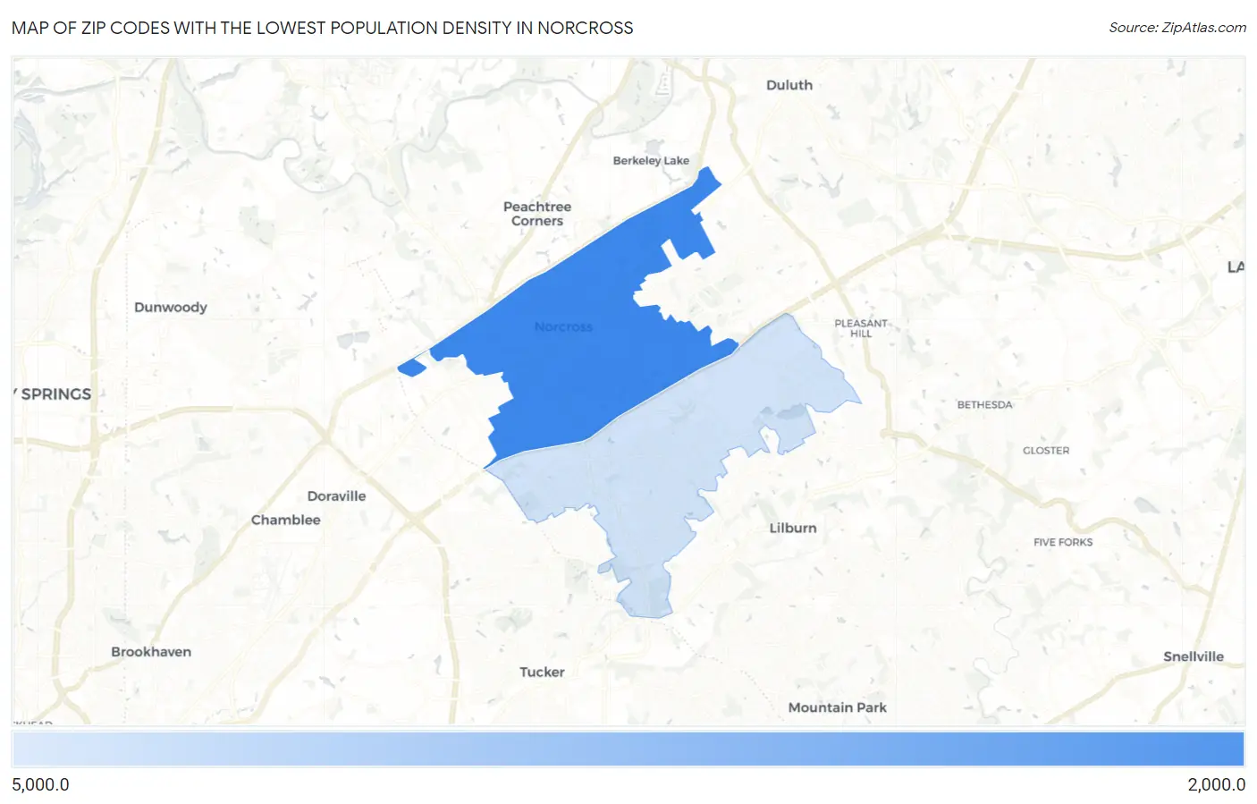 Zip Codes with the Lowest Population Density in Norcross Map