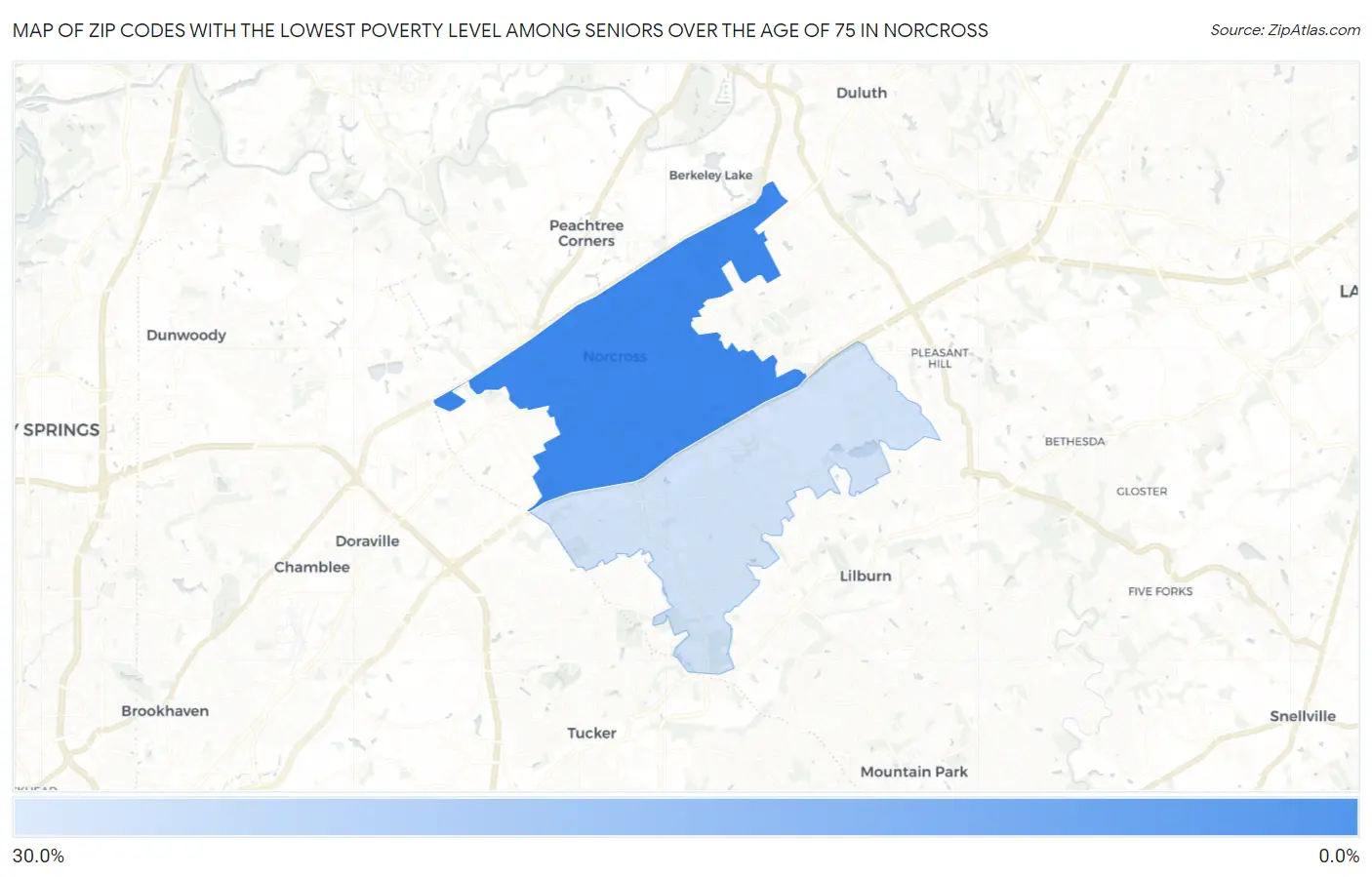 Zip Codes with the Lowest Poverty Level Among Seniors Over the Age of 75 in Norcross Map