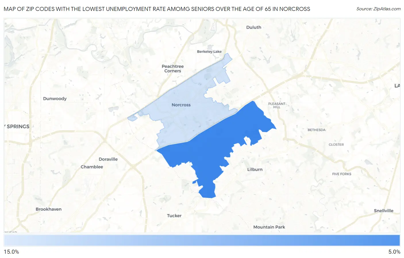 Zip Codes with the Lowest Unemployment Rate Amomg Seniors Over the Age of 65 in Norcross Map