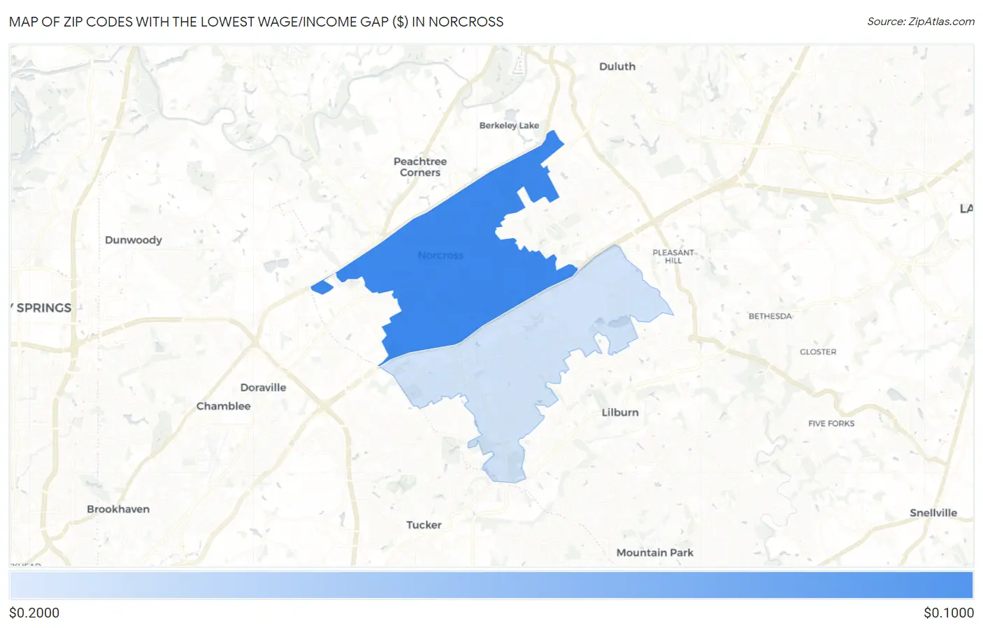 Zip Codes with the Lowest Wage/Income Gap ($) in Norcross Map