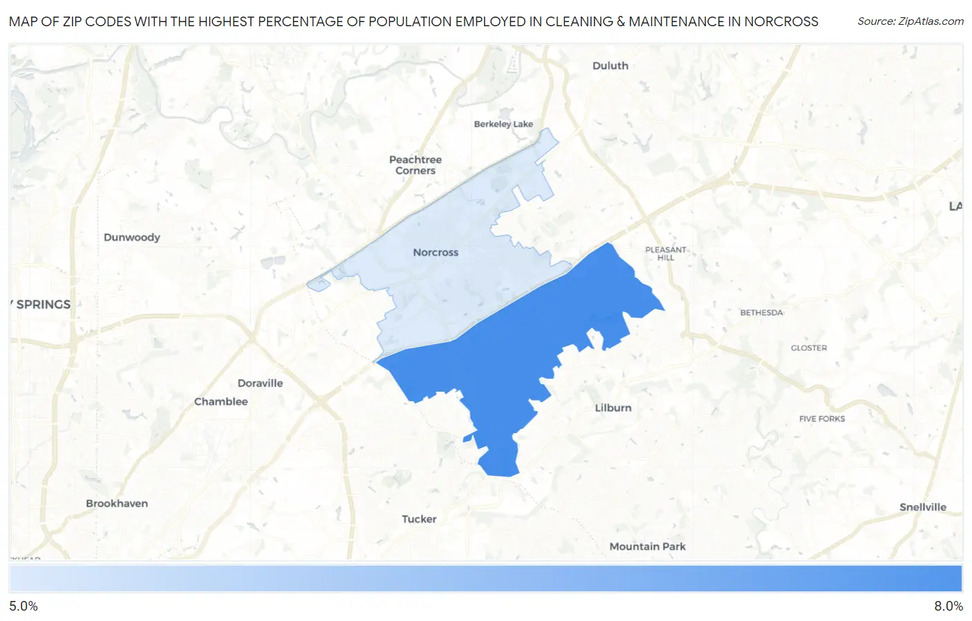 Zip Codes with the Highest Percentage of Population Employed in Cleaning & Maintenance in Norcross Map