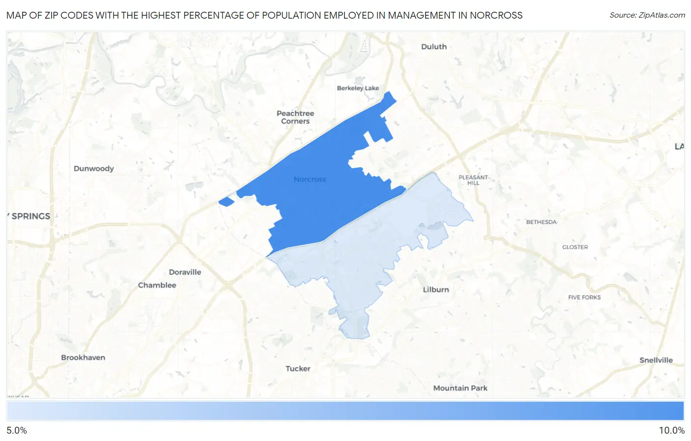 Zip Codes with the Highest Percentage of Population Employed in Management in Norcross Map