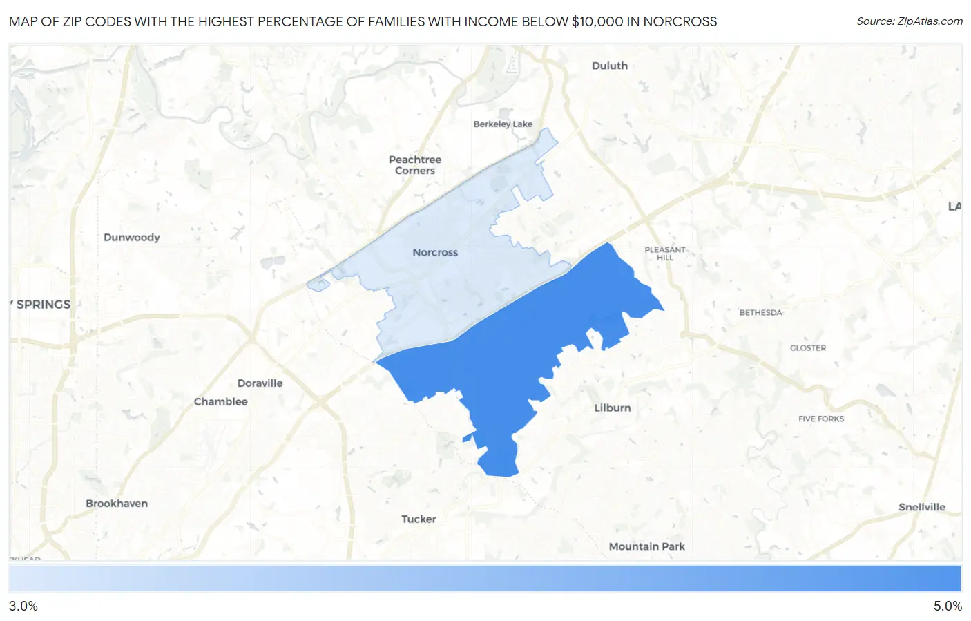 Zip Codes with the Highest Percentage of Families with Income Below $10,000 in Norcross Map
