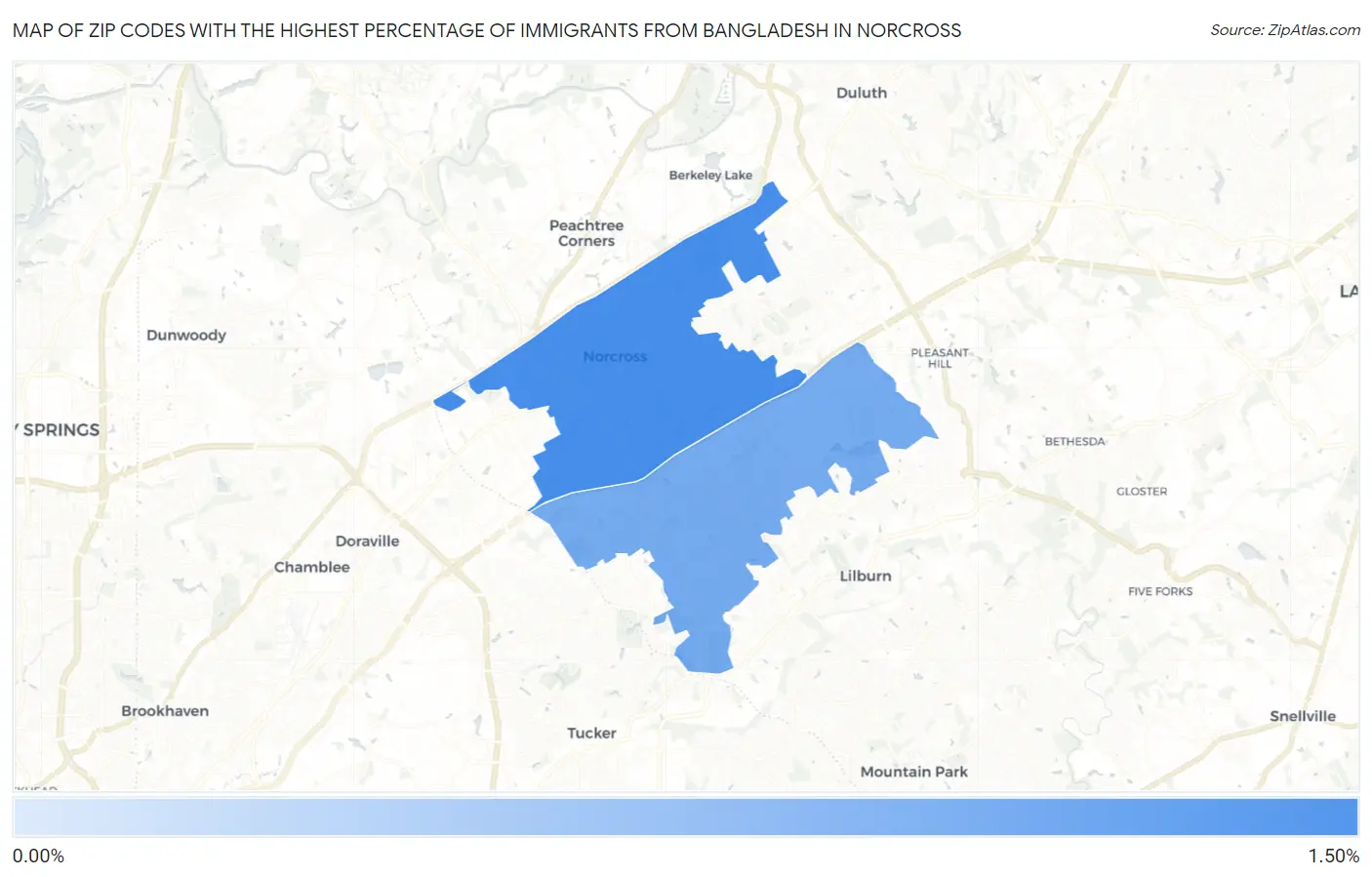 Zip Codes with the Highest Percentage of Immigrants from Bangladesh in Norcross Map