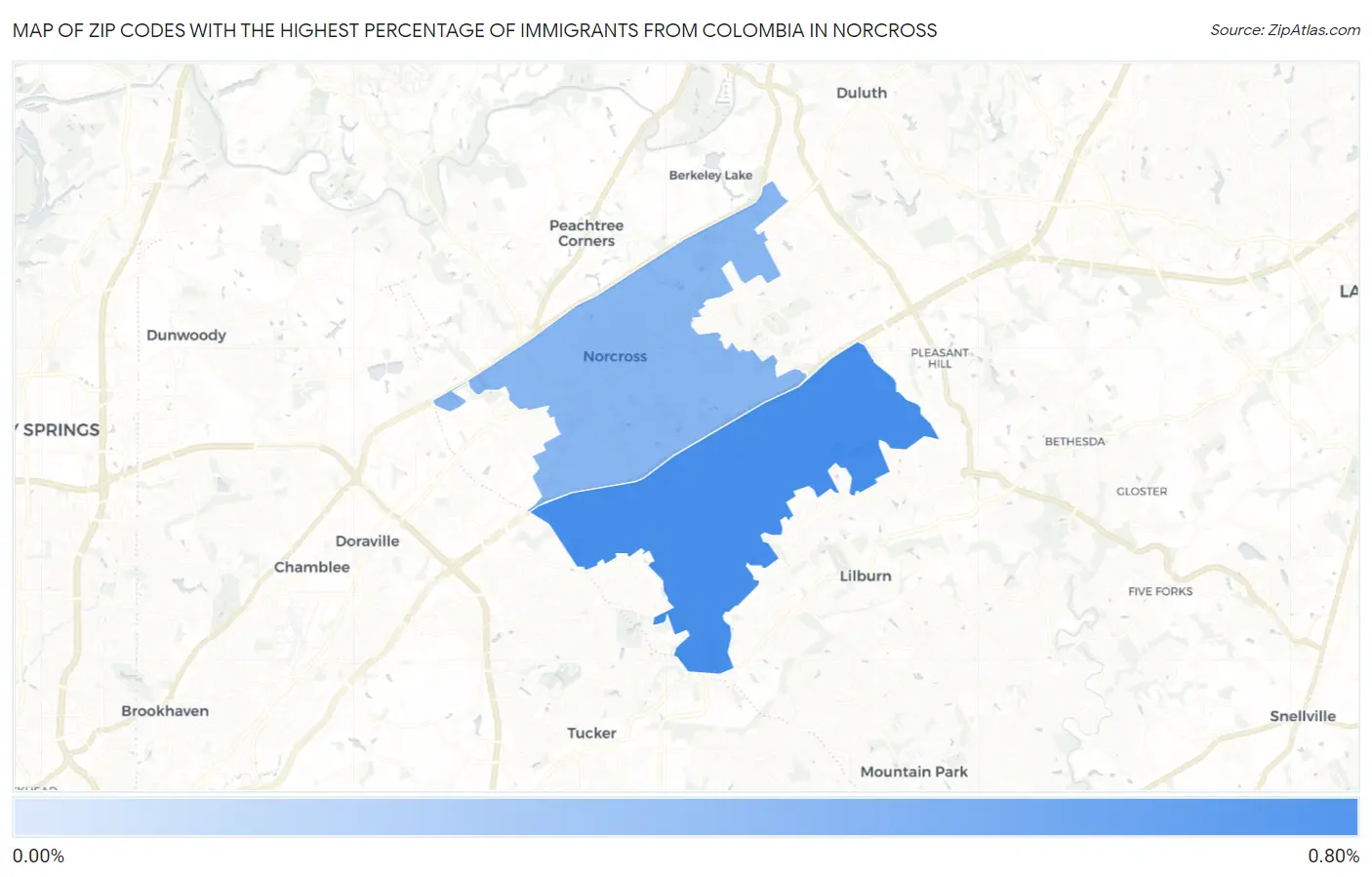Zip Codes with the Highest Percentage of Immigrants from Colombia in Norcross Map