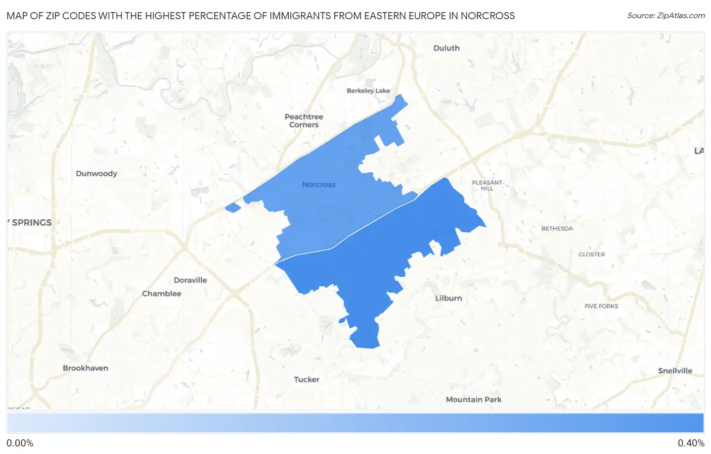 Zip Codes with the Highest Percentage of Immigrants from Eastern Europe in Norcross Map