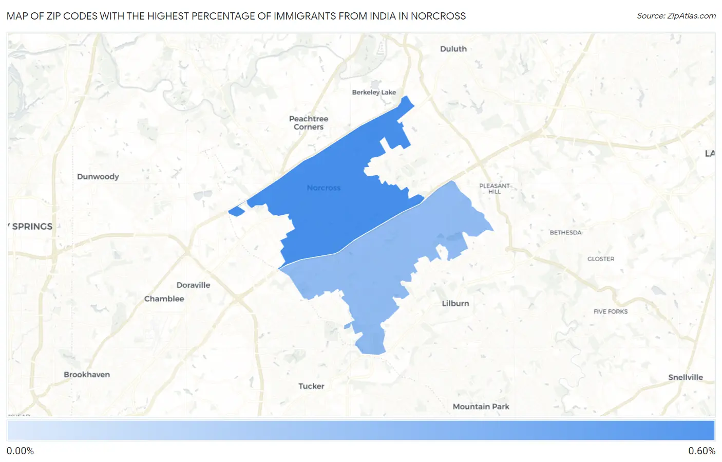 Zip Codes with the Highest Percentage of Immigrants from India in Norcross Map
