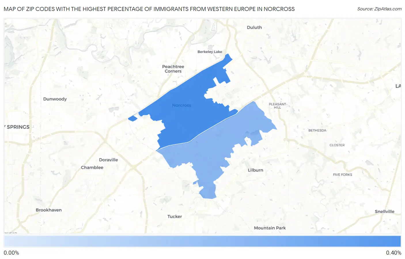 Zip Codes with the Highest Percentage of Immigrants from Western Europe in Norcross Map