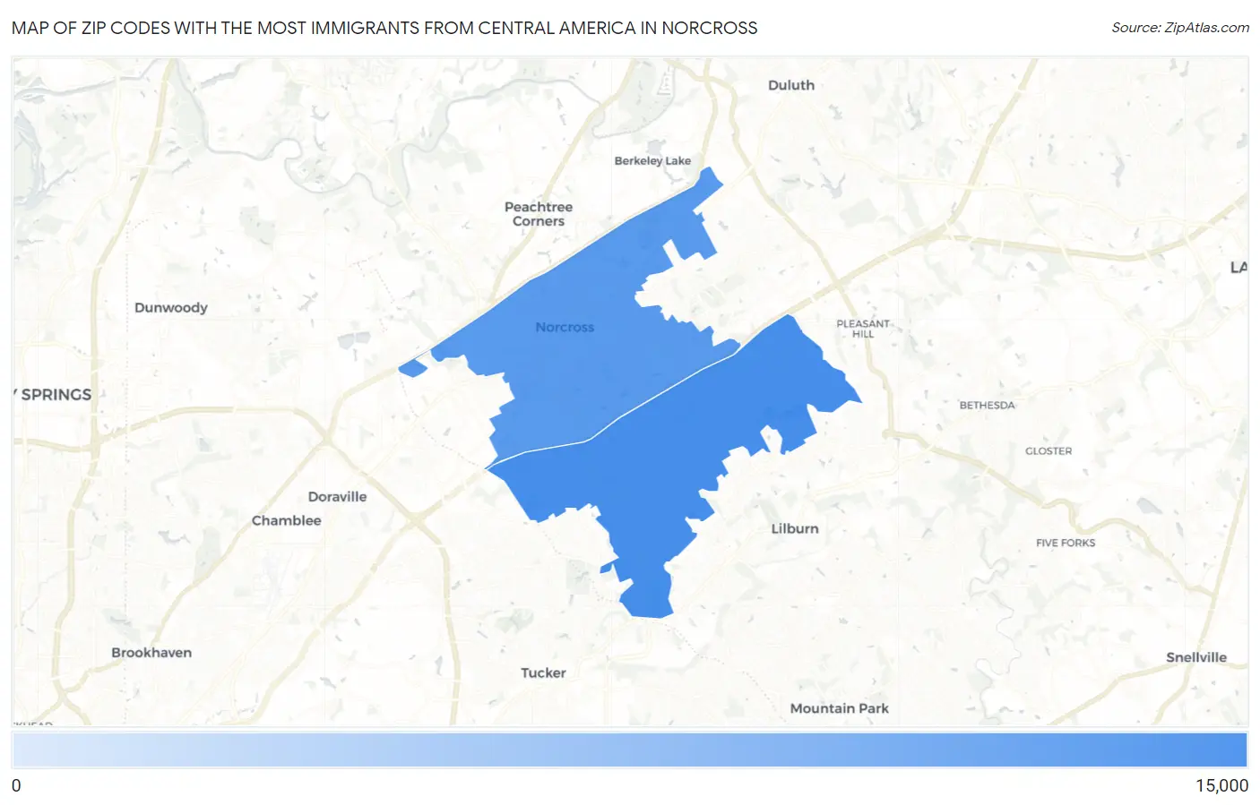 Zip Codes with the Most Immigrants from Central America in Norcross Map