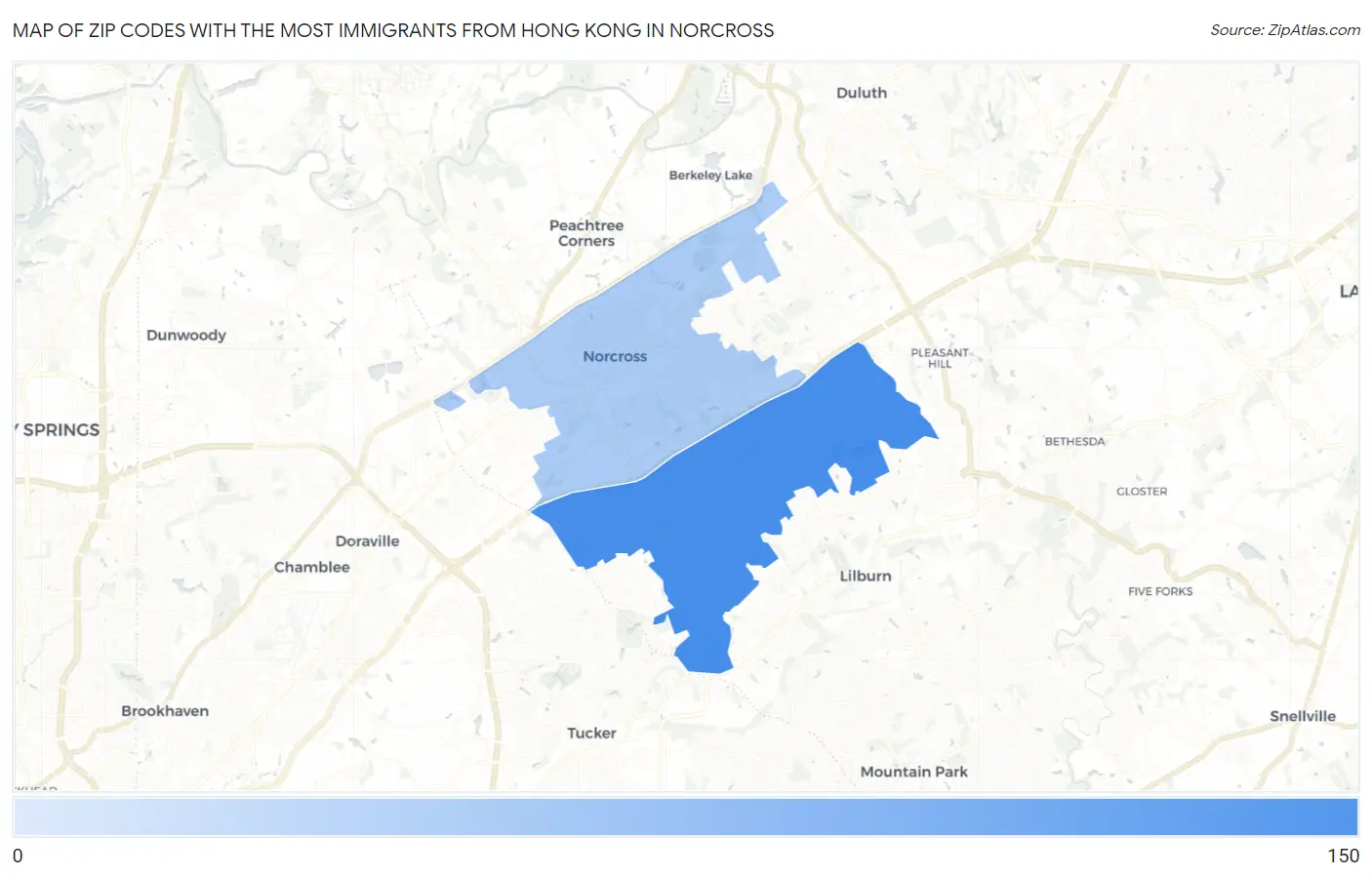 Zip Codes with the Most Immigrants from Hong Kong in Norcross Map