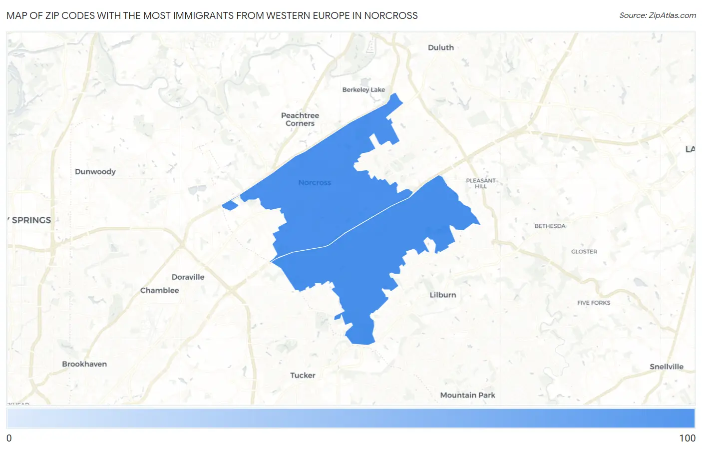 Zip Codes with the Most Immigrants from Western Europe in Norcross Map