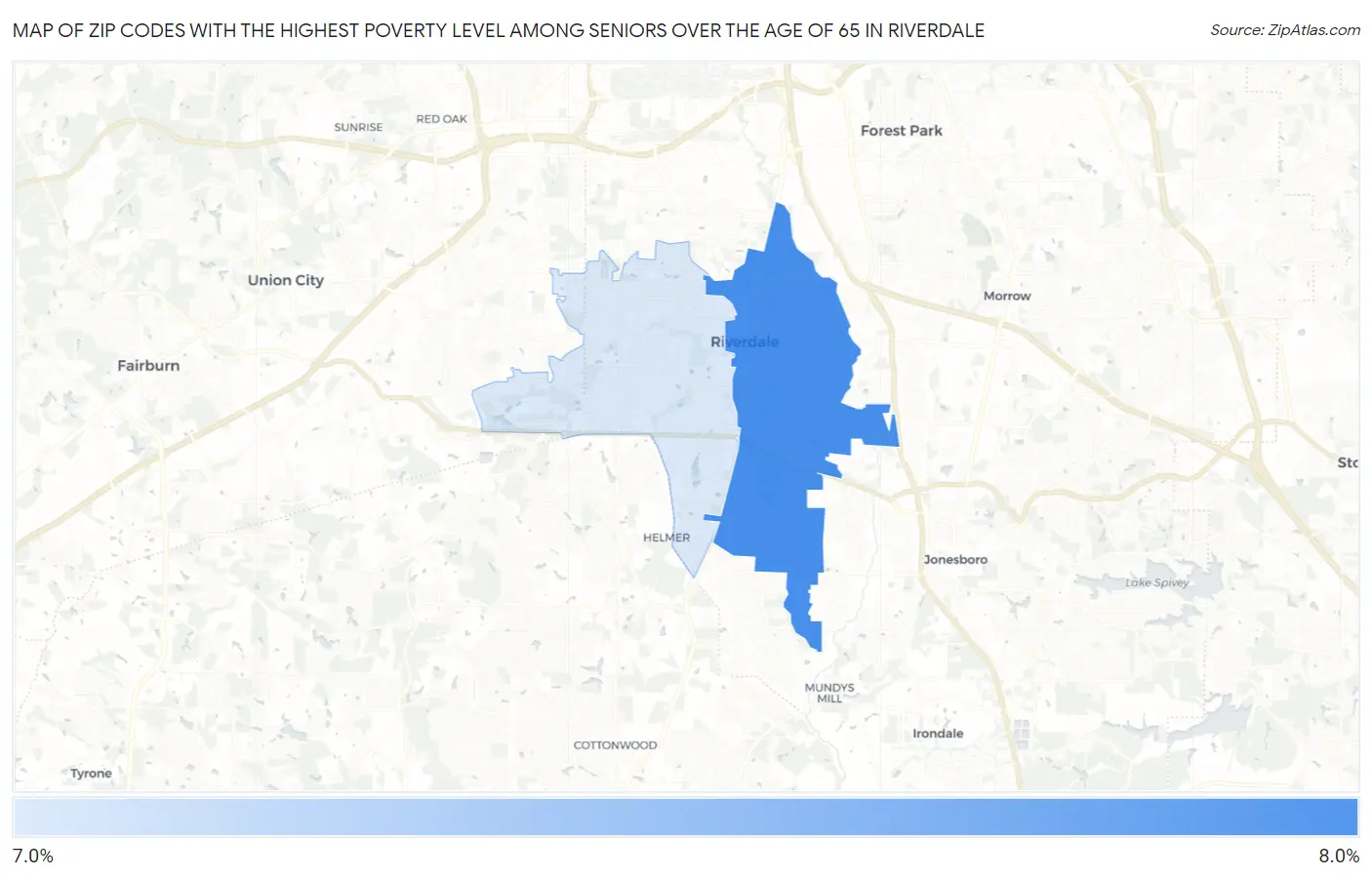 Zip Codes with the Highest Poverty Level Among Seniors Over the Age of 65 in Riverdale Map