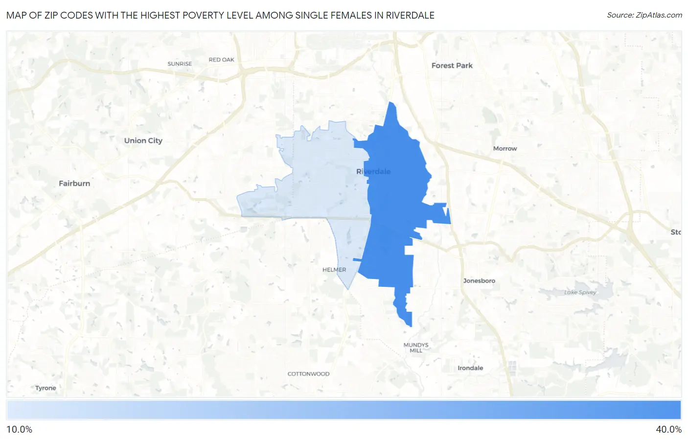 Zip Codes with the Highest Poverty Level Among Single Females in Riverdale Map