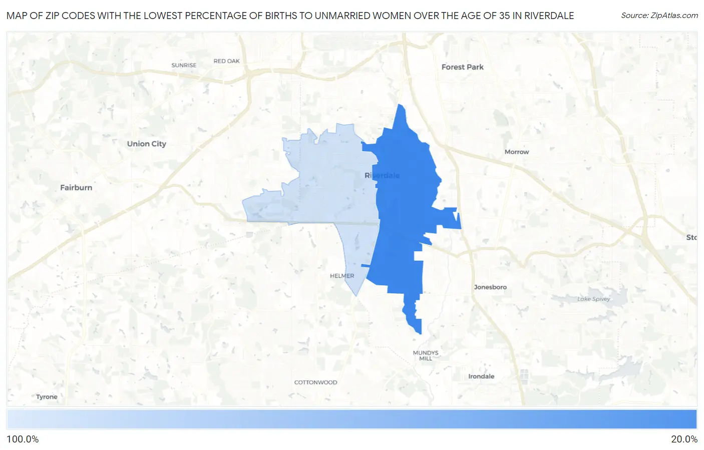 Zip Codes with the Lowest Percentage of Births to Unmarried Women over the Age of 35 in Riverdale Map
