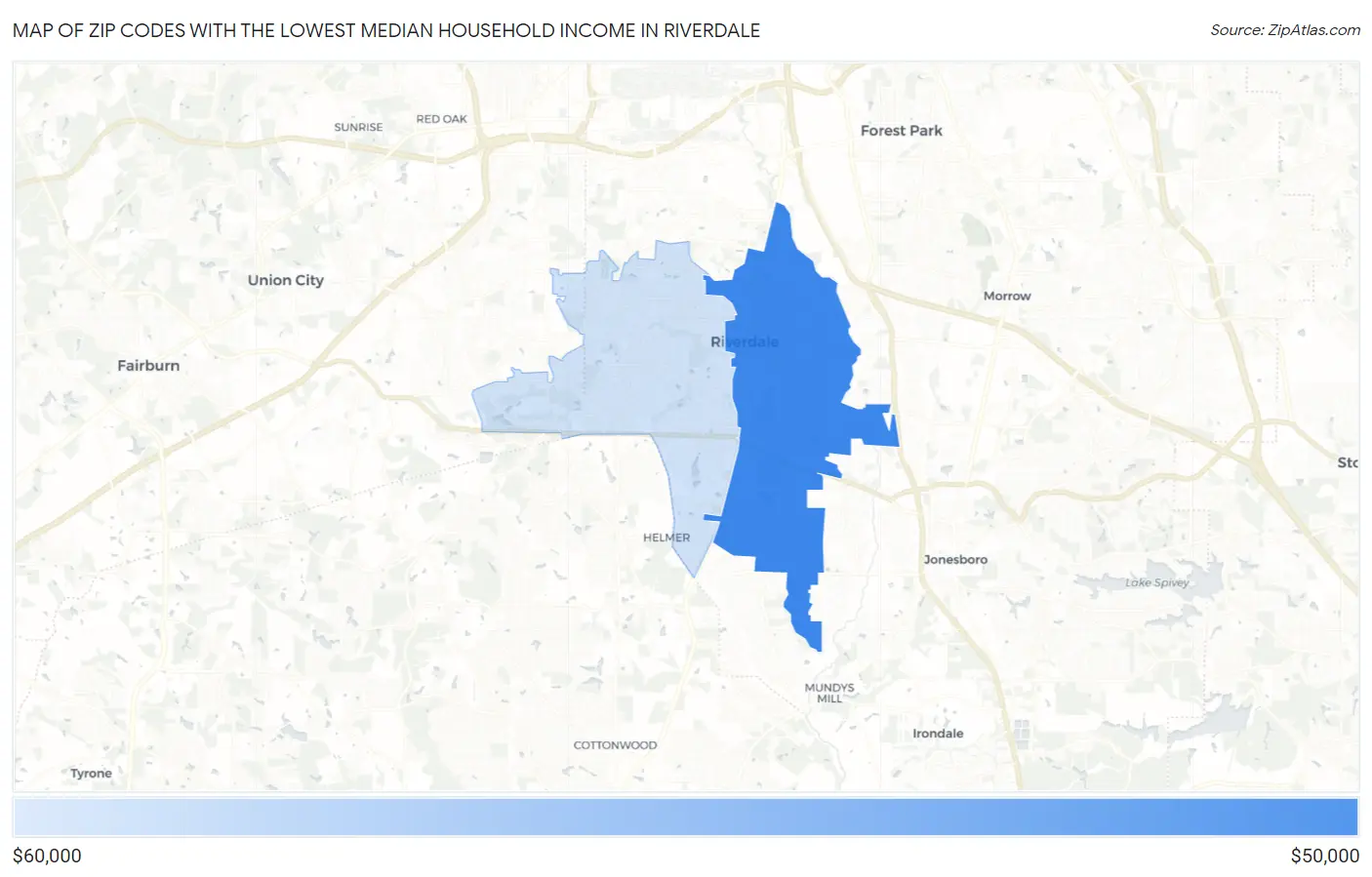 Zip Codes with the Lowest Median Household Income in Riverdale Map