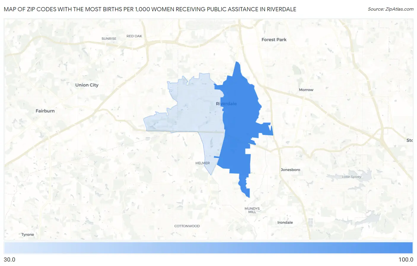 Zip Codes with the Most Births per 1,000 Women Receiving Public Assitance in Riverdale Map