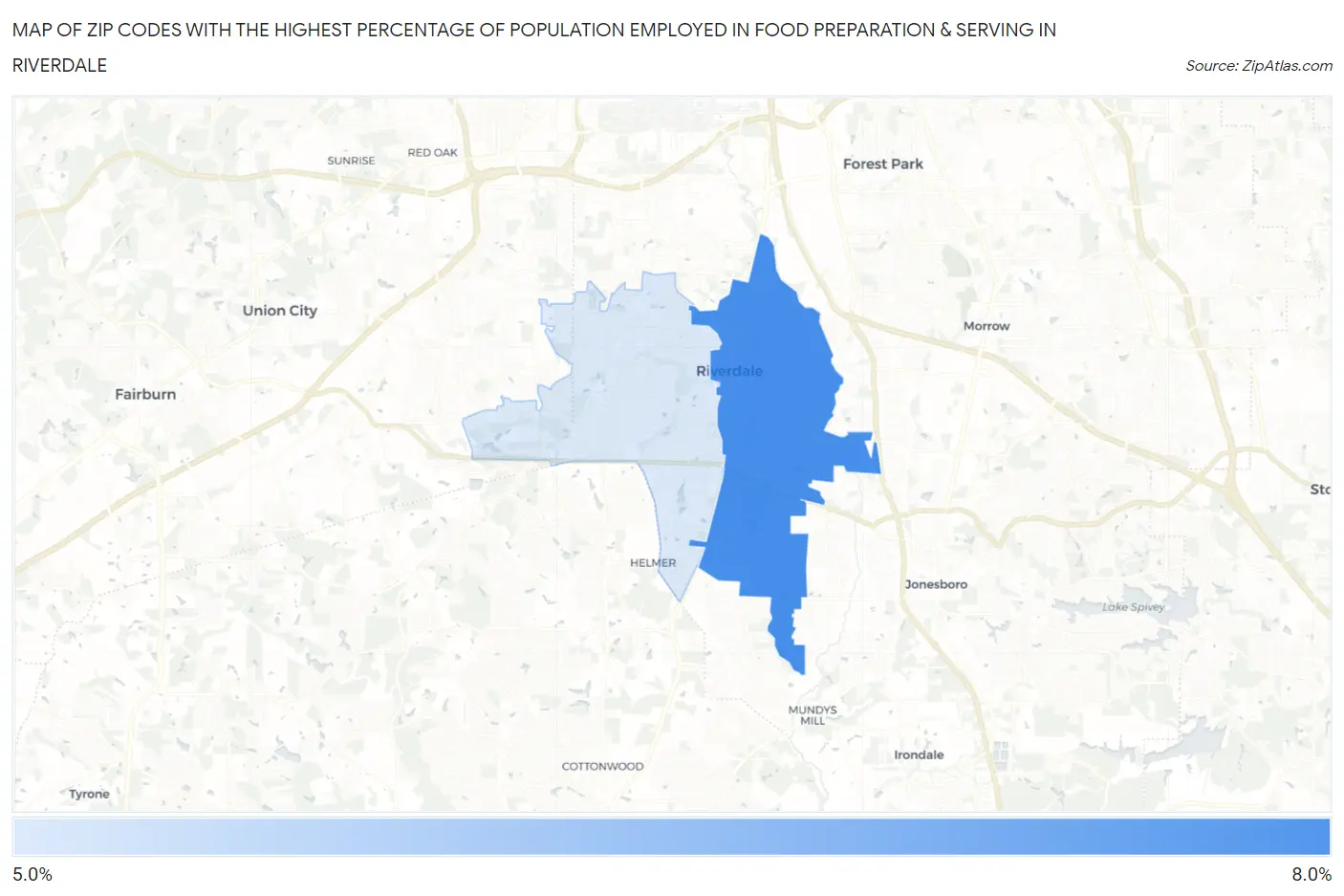 Zip Codes with the Highest Percentage of Population Employed in Food Preparation & Serving in Riverdale Map