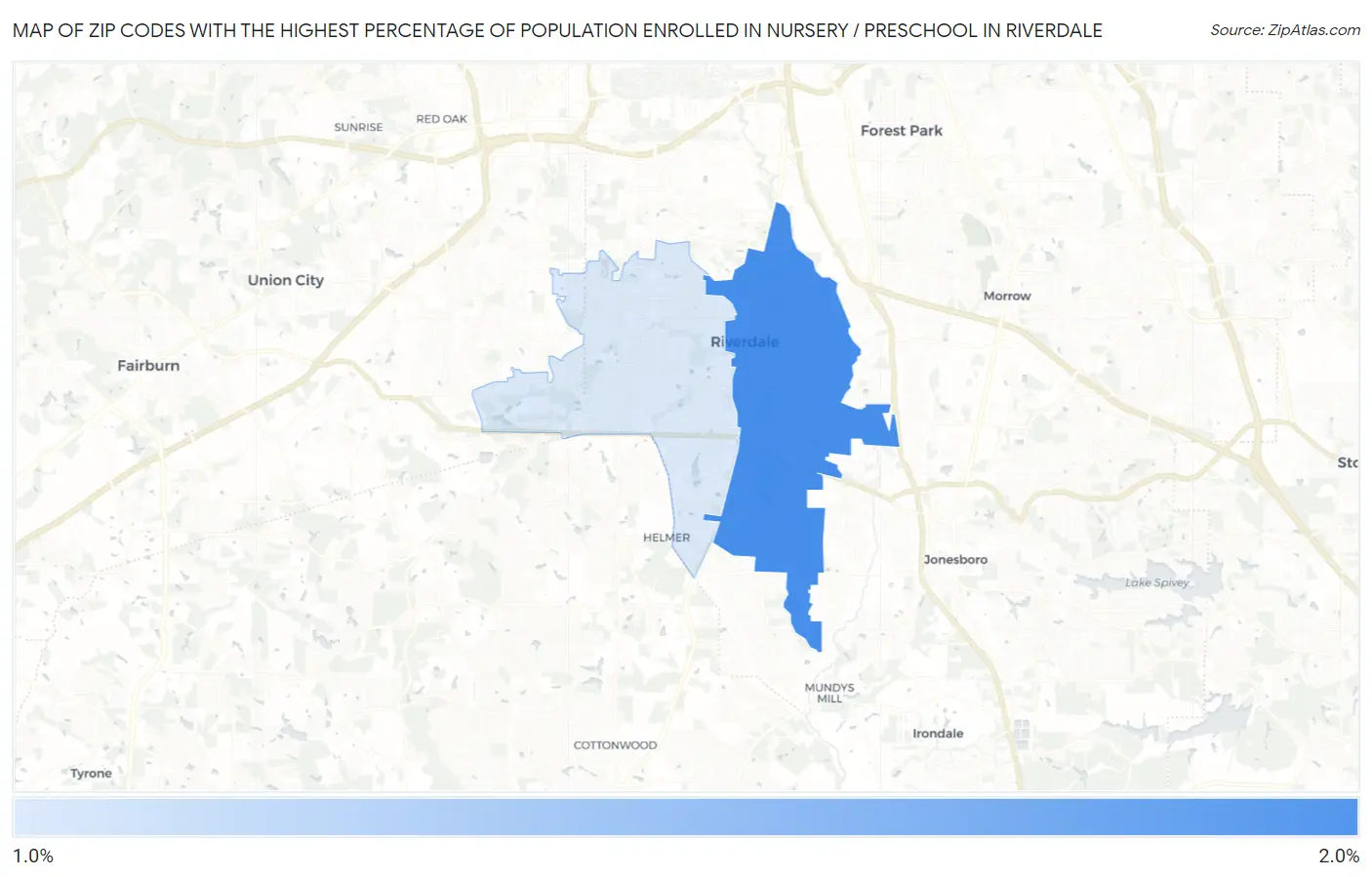 Zip Codes with the Highest Percentage of Population Enrolled in Nursery / Preschool in Riverdale Map