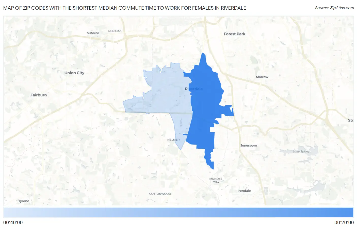 Zip Codes with the Shortest Median Commute Time to Work for Females in Riverdale Map
